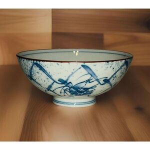 2 Japanese Rice Soup Bowls with Blue Shrimp Design